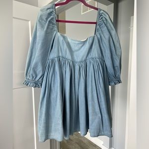“Altered” Selkie Denim Puff Dress in Bleached Denim